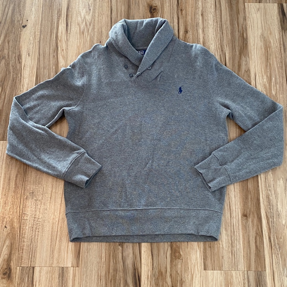 POLO RALPH LAUREN LUXURY JERSEY SHAWL-COLLAR PULLOVER GRAY MENS SZ Medium - Picture 2 of 9